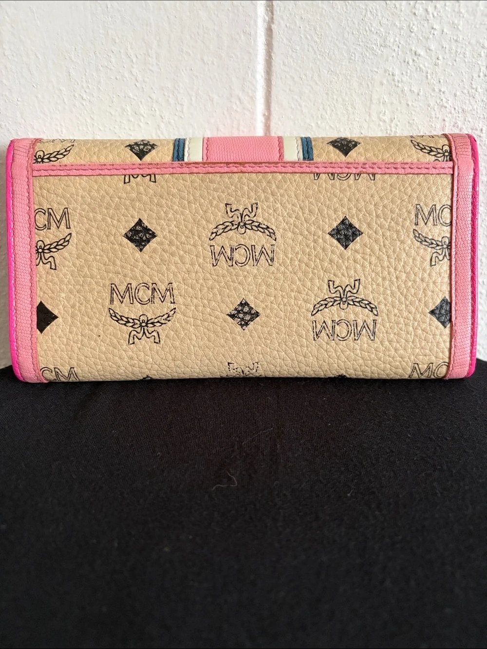 MCM Beige Logo Continental Wallet with Pink Trim and Blue-White Stripe